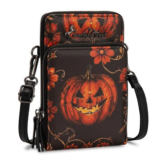 Montana West Pumpkin Halloween Crossbody Phone Wallet with jack-o'-lanterns and orange flowers on a dark background.