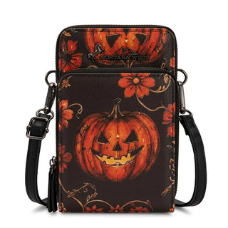 Montana West Pumpkin Halloween Crossbody Phone Wallet with jack-o'-lanterns and orange flowers on a black background.
