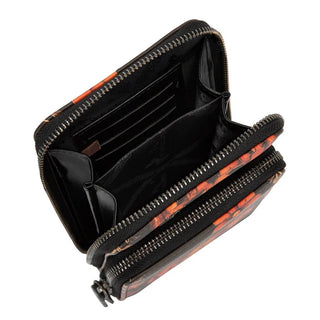 Open Montana West Pumpkin Halloween Crossbody Phone Wallet showing card slots, phone pocket, and two zippered compartments.