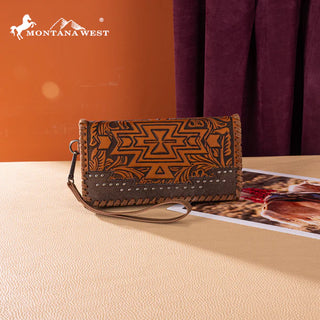 Brown Montana West Tooled Aztec Concealed Carry Wallet with wristlet strap, studded trim, and intricate tooling.