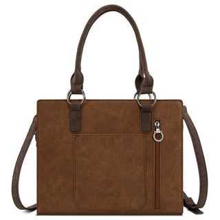 Brown Montana West Tooled Aztec Concealed Carry Tote/Crossbody and Wallet Set with front pocket and zipper.
