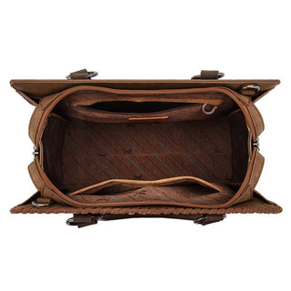 Top-down view of the open brown Montana West Tooled Aztec Concealed Carry Tote, showing its spacious interior.