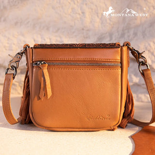 Brown Montana West Tooled Leather Fringe Crossbody Purse with front zipper pocket and embossed flap.