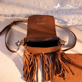 Open brown leather crossbody purse with fringe, showing the interior and magnetic snap closure.