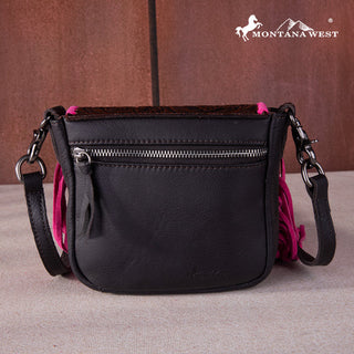 Montana West Tooled Leather Fringe Crossbody Purse in hot pink, with a front zipper pocket.