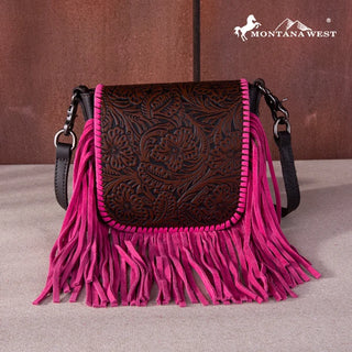 Montana West Tooled Leather Fringe Crossbody Purse in hot pink, with a brown floral embossed flap.