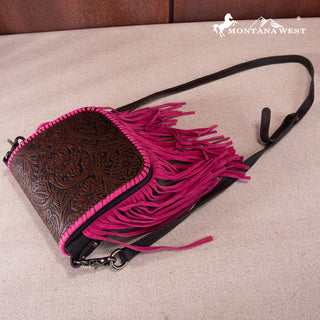 Montana West Tooled Leather Fringe Crossbody Purse in hot pink, featuring intricate floral tooling and a long strap.