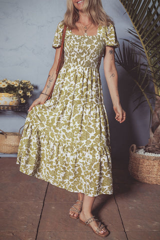 Olive Blossom Smocked Dress