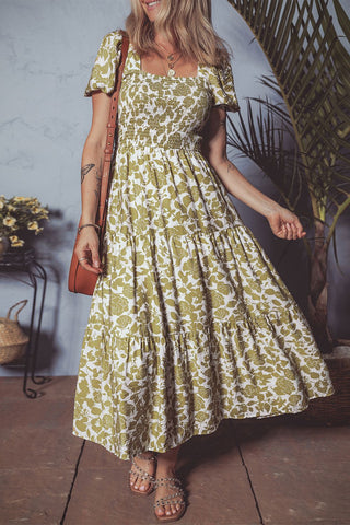 Olive Blossom Smocked Dress