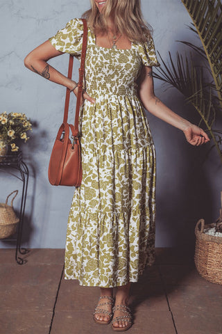 Olive Blossom Smocked Dress