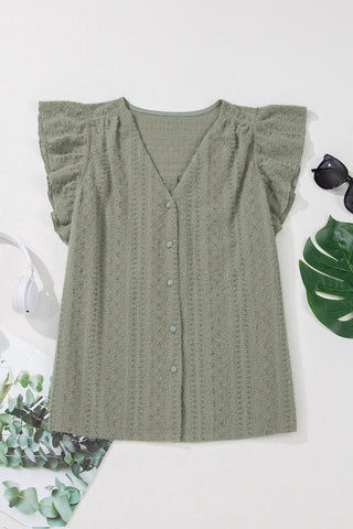 Sage ruffle button top with a V-neck and short ruffled sleeves, displayed flat on a white surface.