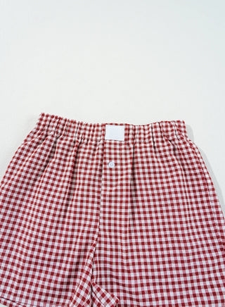 Close-up of red and white gingham shorts with an elastic waistband and a single white button closure.