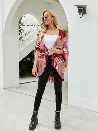 A zoomed out look of the Rustic Range Fringe Cardigan