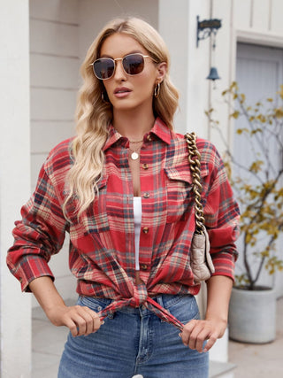 Southern Pines Plaid Shirt in Red tied in front