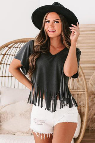 Black Fringe Crop Top Front