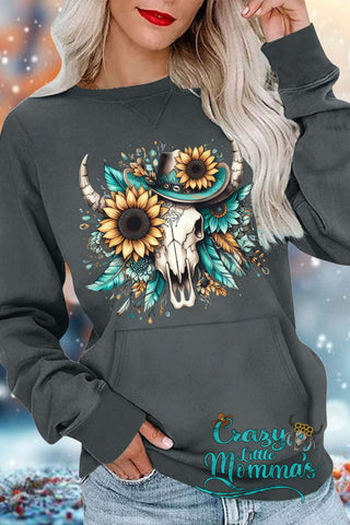Sunflower Cow Skull Pocket Sweatshirt