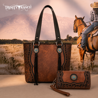 Trinity Ranch Brown Concho Tote and Wallet Set