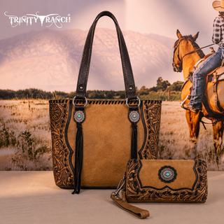 Trinity Ranch Light Brown Concho Tote and Wallet Set