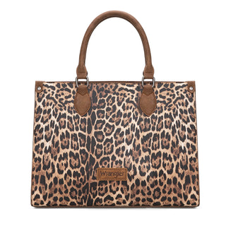 Wrangler Leopard Print Wide Tote/Crossbody & Dual Pouch Wristlet Set –Brown