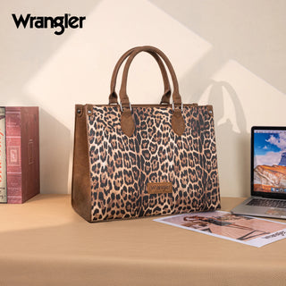 Wrangler Leopard Print Wide Tote/Crossbody & Dual Pouch Wristlet Set –Brown