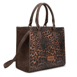 Wrangler Leopard Print Wide Tote/Crossbody & Dual Pouch Wristlet Set – Coffee