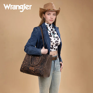 Wrangler Leopard Print Wide Tote/Crossbody & Dual Pouch Wristlet Set – Coffee