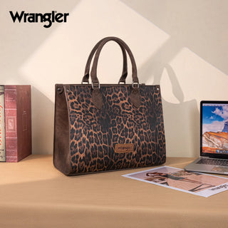 Wrangler Leopard Print Wide Tote/Crossbody & Dual Pouch Wristlet Set – Coffee