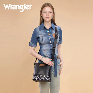 Wrangler Aztec Print Crossbody & Tri-Fold Wallet Set – Black