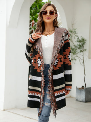 Woman wearing Black Aztec Hooded Cardigan full.