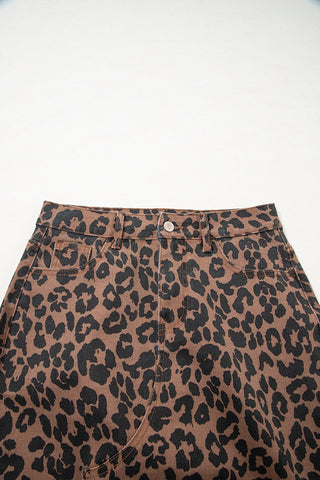 Close-up of a Wildcat Midi Denim Skirt, featuring a brown and black leopard print pattern.