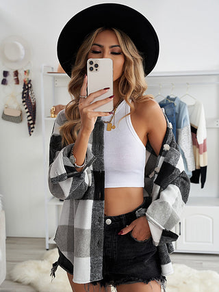Western woman wearing Gray Paid Shacket.