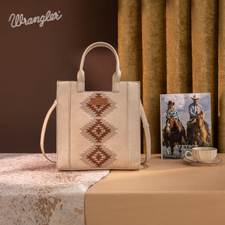 Beige Wrangler tote bag with brown Aztec embroidery, a top handle, and a shoulder strap.