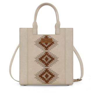 Beige Wrangler tote with brown Aztec embroidery, top handles, and a long shoulder strap.
