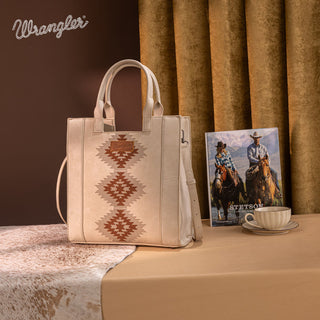 Beige Wrangler tote bag with brown Aztec embroidery, a brown leather logo patch, and a matching wallet.