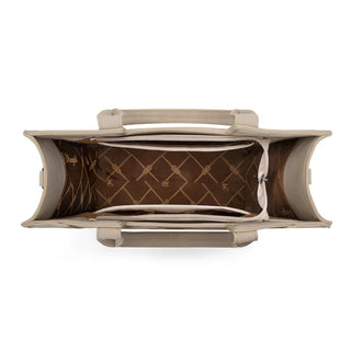 Top-down view of the beige Wrangler Aztec Embroidered Tote, showing its open top and spacious interior with patterned lining.