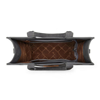 Top-down view of the gray Wrangler tote bag, open to show the brown interior lining with a repeating pattern.