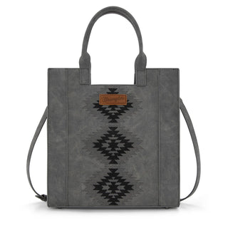 Gray Wrangler tote bag with black Aztec embroidery and a brown leather Wrangler logo patch.