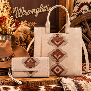 Beige Wrangler tote bag and matching wallet with brown Aztec embroidery and a leather Wrangler logo patch.