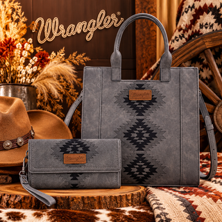 Gray Wrangler tote bag and matching wallet with black Aztec embroidery and brown logo patches.
