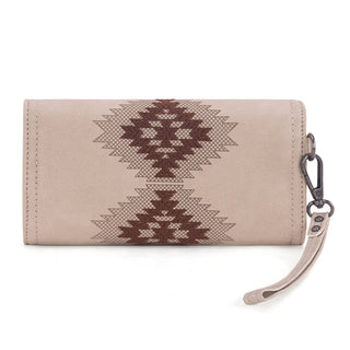 Beige Wrangler wallet with brown Aztec embroidery and a wrist strap, shown on a white background.