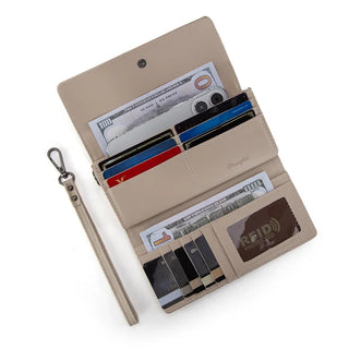 Open beige Wrangler wallet with money, cards, and phone inside, showing RFID protection and wristlet strap.