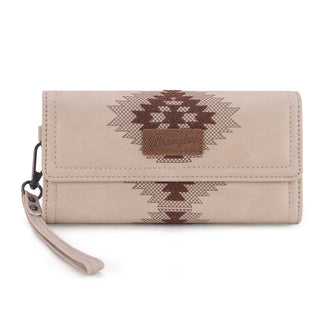 Beige Wrangler wallet with brown Aztec embroidery, a brown Wrangler logo patch, and a wrist strap.