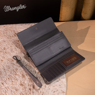 Open gray Wrangler wallet with multiple card slots, a wrist strap, and an RFID protected label.