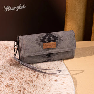 Gray Wrangler wallet with black Aztec embroidery, a wrist strap, and a brown leather logo patch.