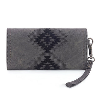Gray Wrangler wallet with black Aztec embroidery, wristlet strap, and gunmetal hardware.