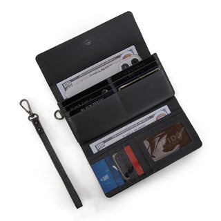 Open gray Wrangler wallet with money, cards, and phone inside, showing RFID protection and wristlet strap.