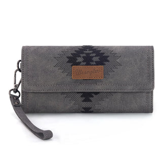 Gray Wrangler wallet with black Aztec embroidery, a brown logo patch, and a wrist strap.