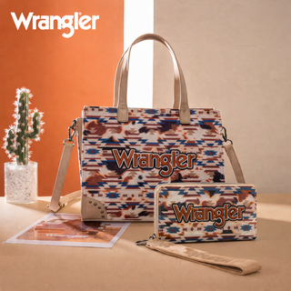 Wrangler Aztec Print Tote/Crossbody and Wallet Set -Khaki