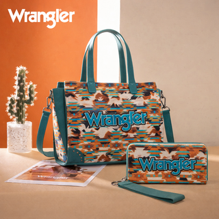 Wrangler Aztec Print Tote/Crossbody and Wallet Set -Turquoise