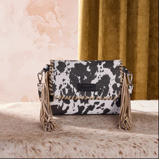 Wrangler Cow Print Fringe Crossbody Bag Wallet & Coin Pouch Wristlet Set-Black